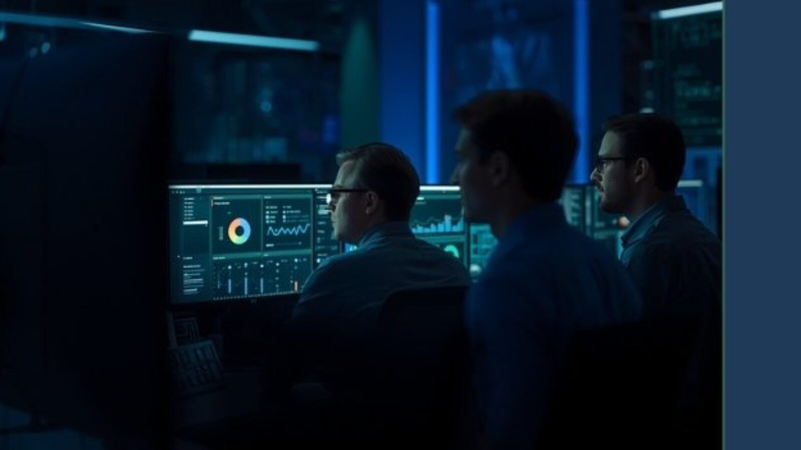 Equipe técnica acompanhando dashboards de rede